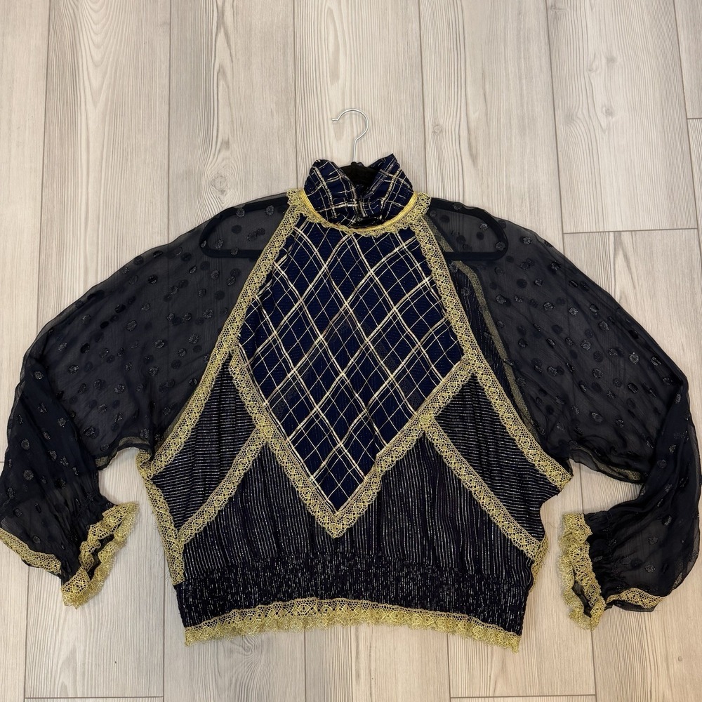 Koos Van Den Akker Couture 1980s Silk Blouse Shirt Sheer Pattern Navy Gold - Picture 4 of 14